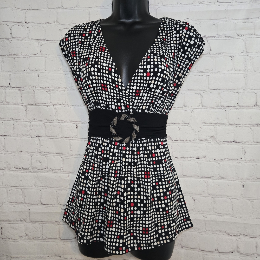 Y2k Wrapper Polka Dot V-Neck Babydoll Top Bedazzled buckle tie back‎ Retro
